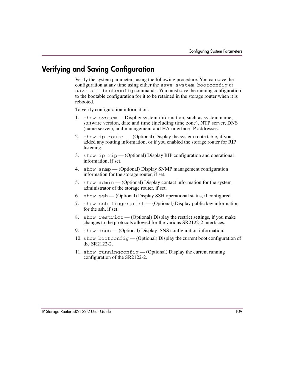 Verifying and saving configuration | HP StorageWorks IP Storage Router User Manual | Page 109 / 242