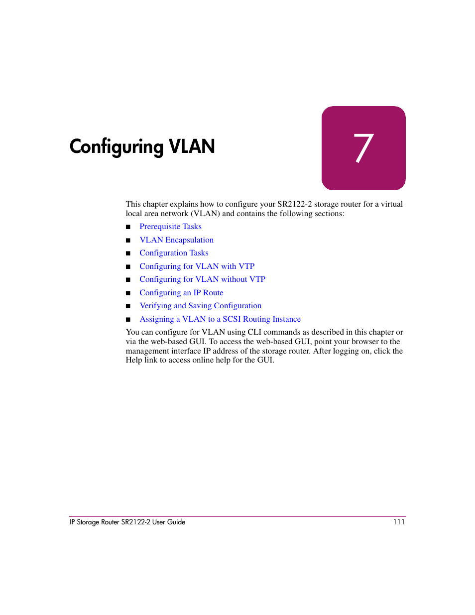 7 configuring vlan, Chapter 7, Configuring vlan | HP StorageWorks IP Storage Router User Manual | Page 111 / 242