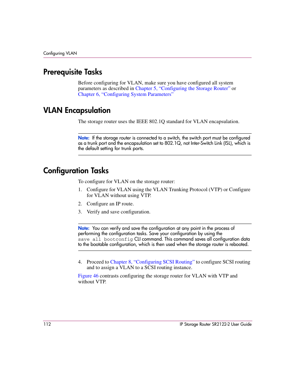 Prerequisite tasks, Vlan encapsulation, Configuration tasks | HP StorageWorks IP Storage Router User Manual | Page 112 / 242