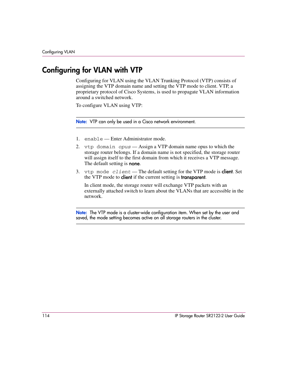 Configuring for vlan with vtp | HP StorageWorks IP Storage Router User Manual | Page 114 / 242