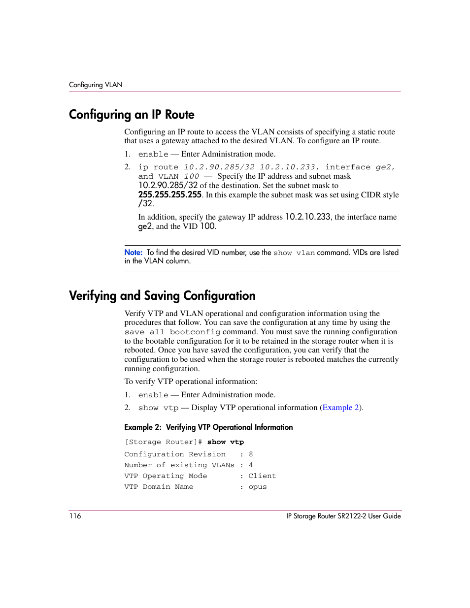 Configuring an ip route, Verifying and saving configuration | HP StorageWorks IP Storage Router User Manual | Page 116 / 242