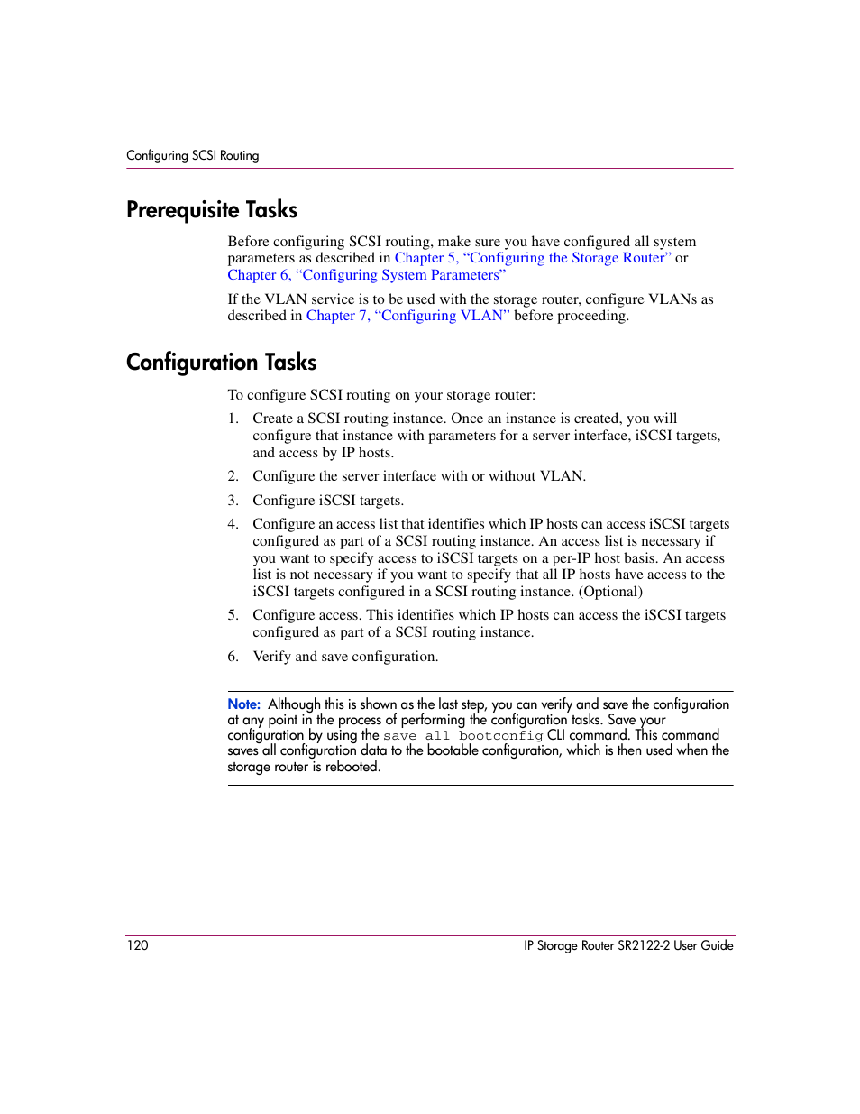 Prerequisite tasks, Configuration tasks, Prerequisite tasks configuration tasks | HP StorageWorks IP Storage Router User Manual | Page 120 / 242