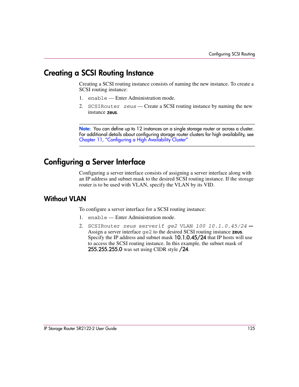Creating a scsi routing instance, Configuring a server interface, Without vlan | HP StorageWorks IP Storage Router User Manual | Page 125 / 242
