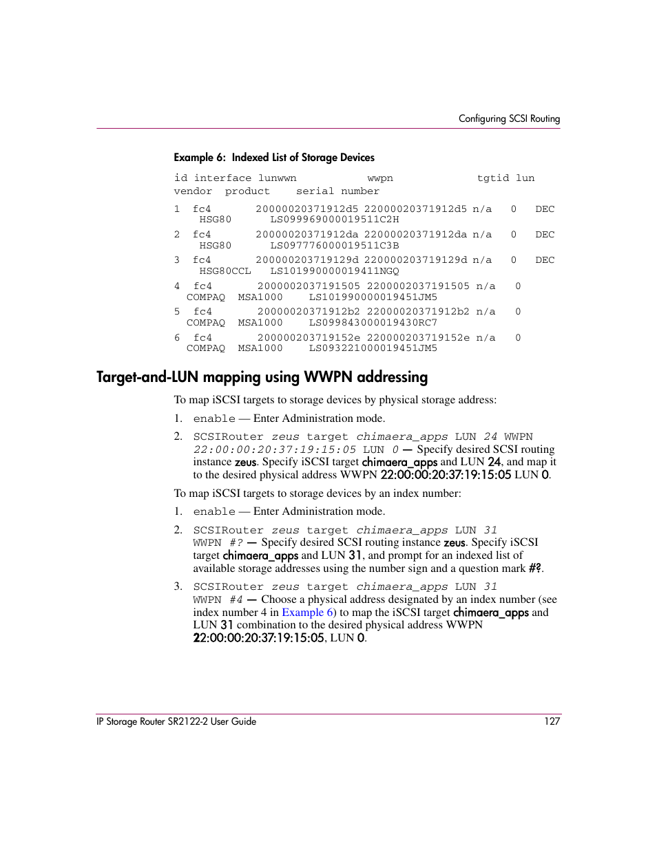 Target-and-lun mapping using wwpn addressing | HP StorageWorks IP Storage Router User Manual | Page 127 / 242