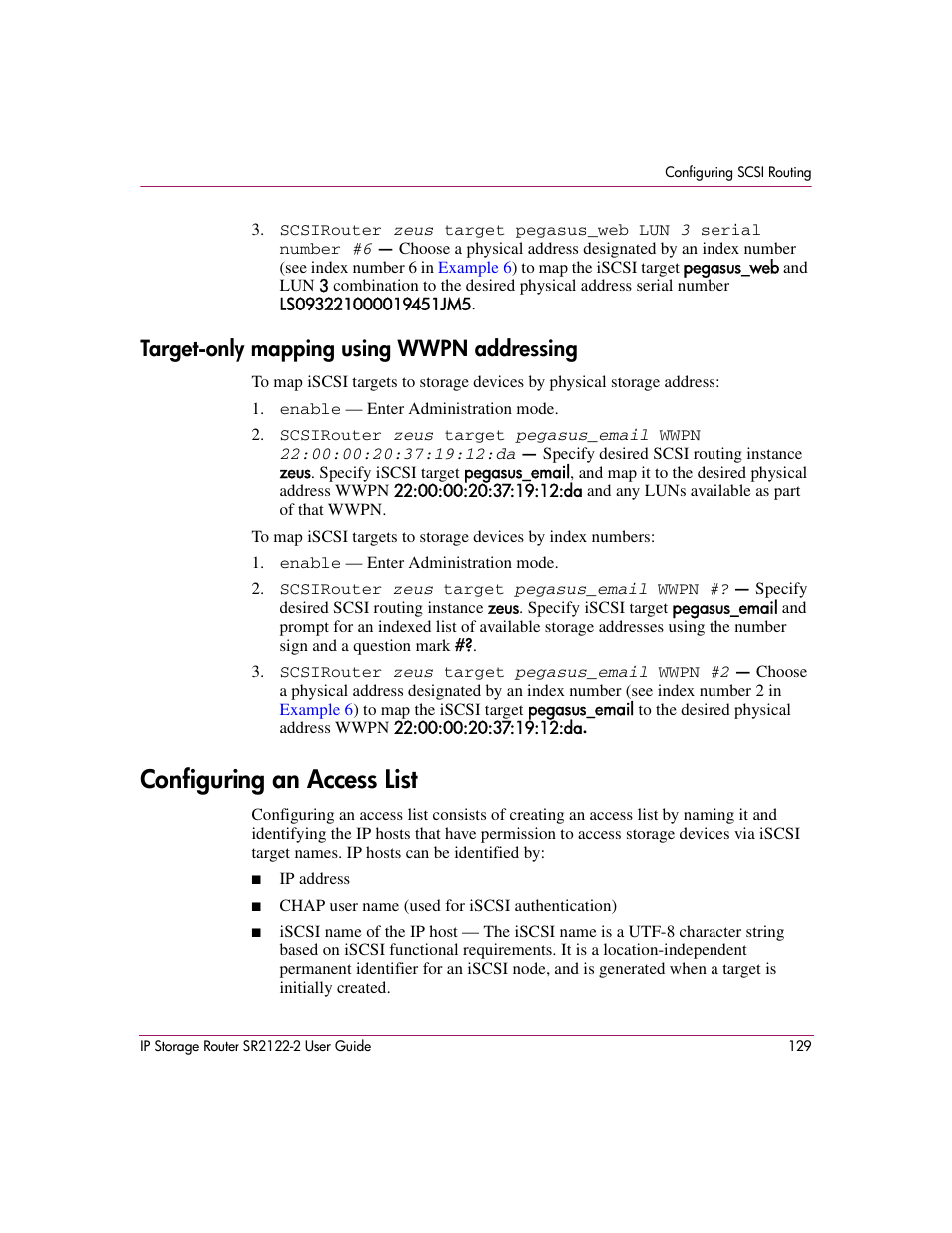 Target-only mapping using wwpn addressing, Configuring an access list | HP StorageWorks IP Storage Router User Manual | Page 129 / 242