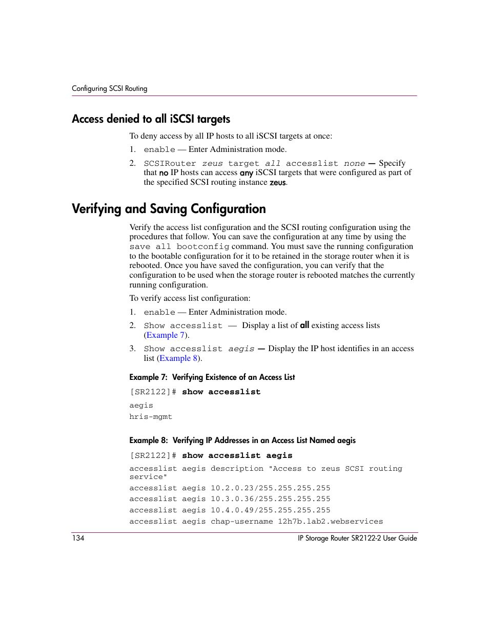 Access denied to all iscsi targets, Verifying and saving configuration | HP StorageWorks IP Storage Router User Manual | Page 134 / 242