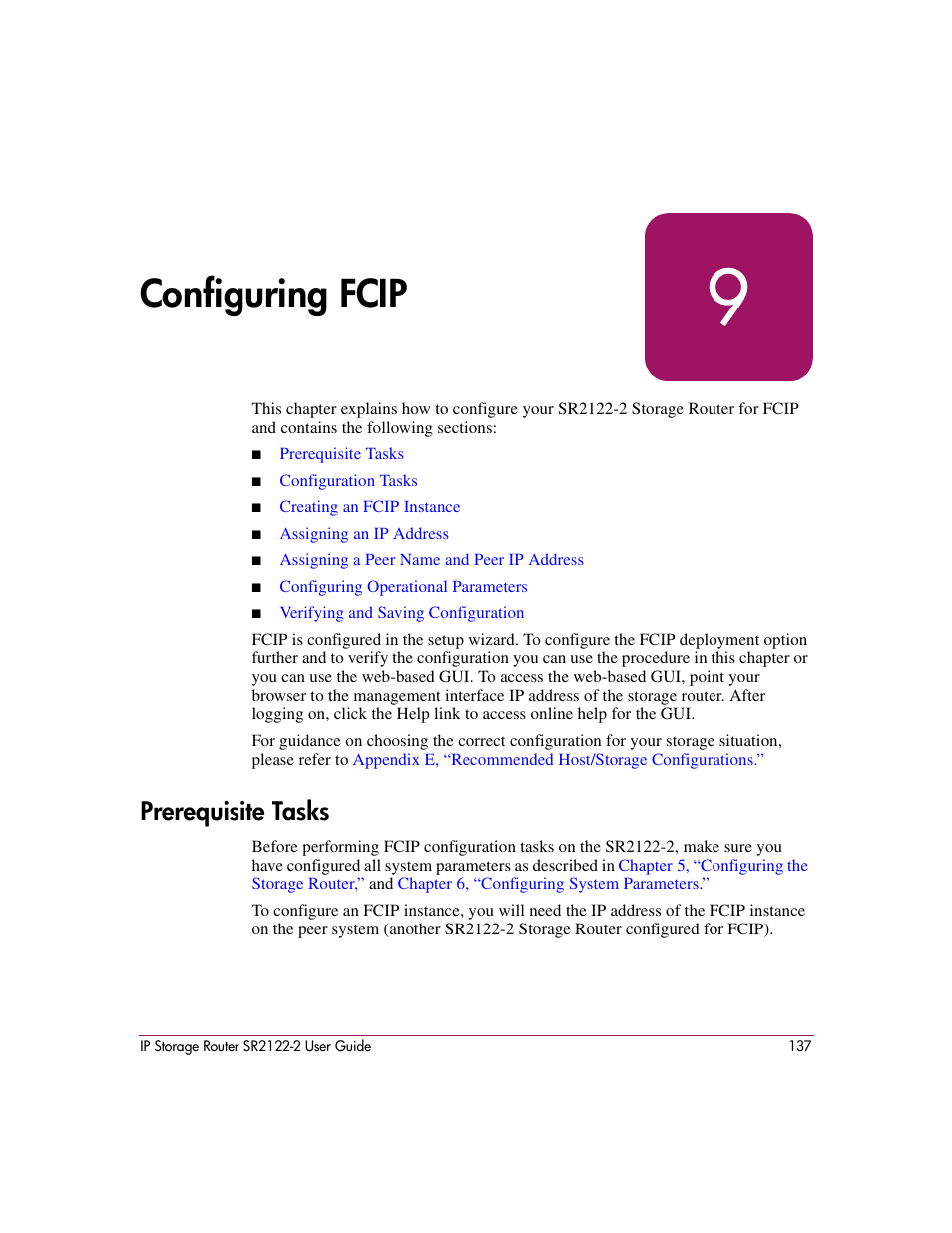 9 configuring fcip, Prerequisite tasks, Configuring fcip | HP StorageWorks IP Storage Router User Manual | Page 137 / 242