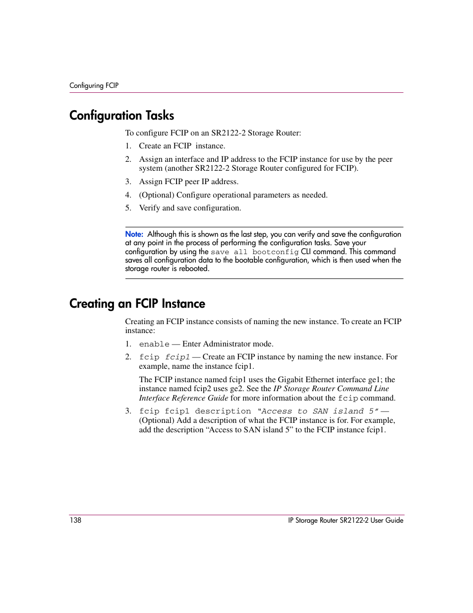 Configuration tasks, Creating an fcip instance, Configuration tasks creating an fcip instance | HP StorageWorks IP Storage Router User Manual | Page 138 / 242