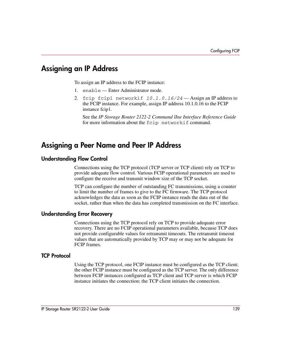 Assigning an ip address, Assigning a peer name and peer ip address, Understanding flow control | Understanding error recovery, Tcp protocol | HP StorageWorks IP Storage Router User Manual | Page 139 / 242