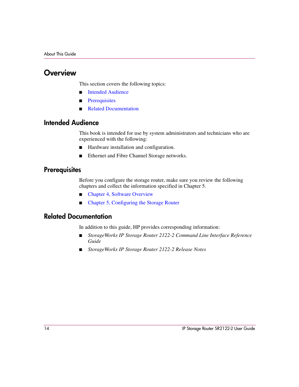 Overview, Intended audience, Prerequisites | Related documentation | HP StorageWorks IP Storage Router User Manual | Page 14 / 242