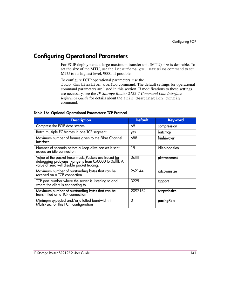 Configuring operational parameters, 16 optional operational parameters: tcp protocol | HP StorageWorks IP Storage Router User Manual | Page 141 / 242