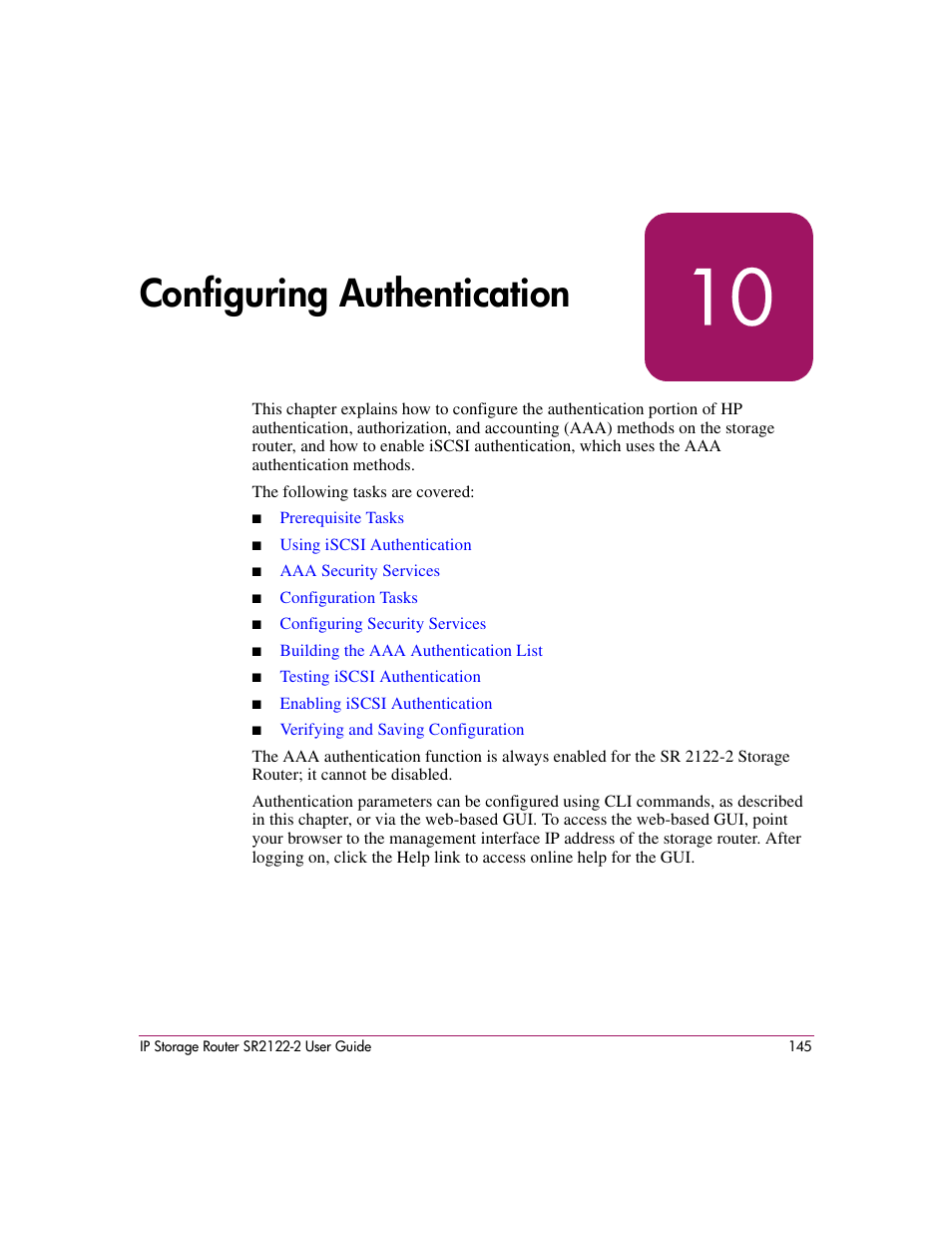 10 configuring authentication, Configuring authentication | HP StorageWorks IP Storage Router User Manual | Page 145 / 242