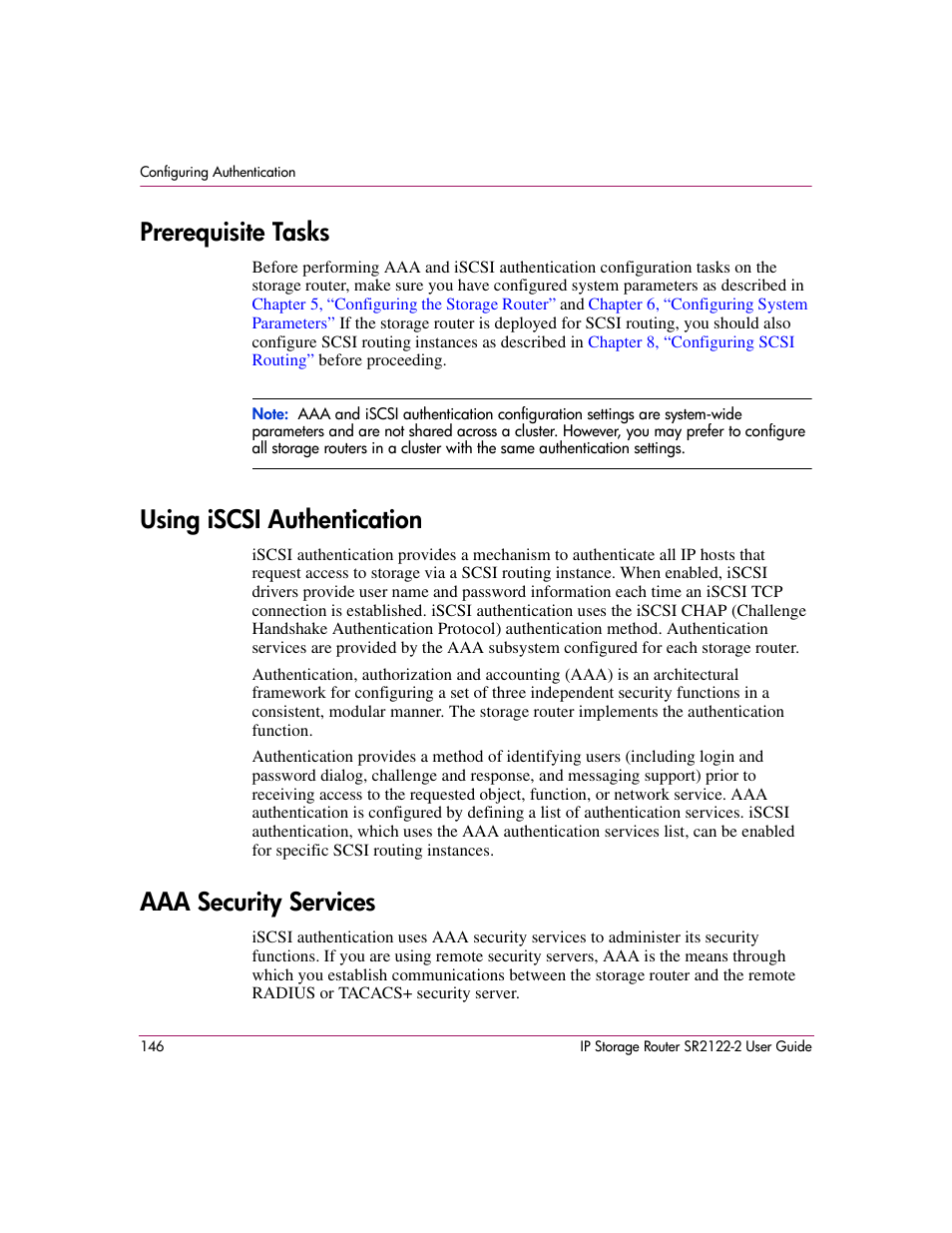 Prerequisite tasks, Using iscsi authentication, Aaa security services | HP StorageWorks IP Storage Router User Manual | Page 146 / 242