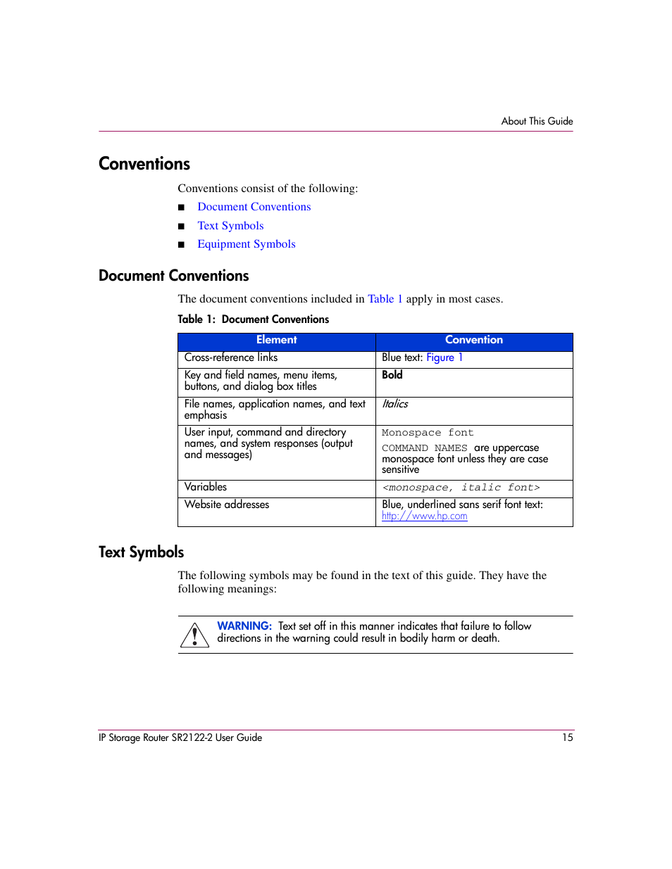 Conventions, Document conventions, Table 1: document conventions | Text symbols, Document conventions text symbols, 1 document conventions | HP StorageWorks IP Storage Router User Manual | Page 15 / 242