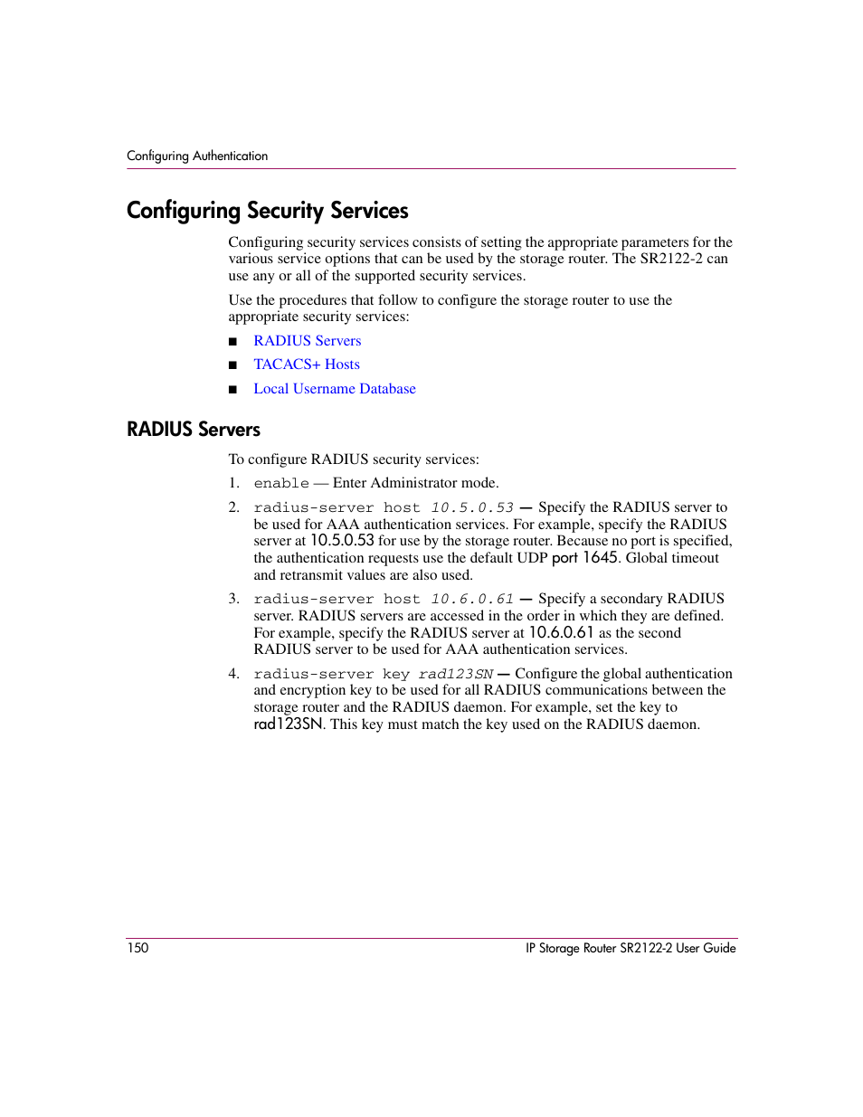 Configuring security services, Radius servers | HP StorageWorks IP Storage Router User Manual | Page 150 / 242