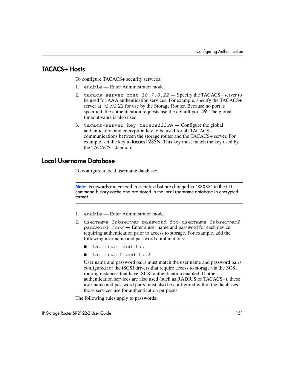 Tacacs+ hosts, Local username database, Tacacs+ hosts local username database | HP StorageWorks IP Storage Router User Manual | Page 151 / 242