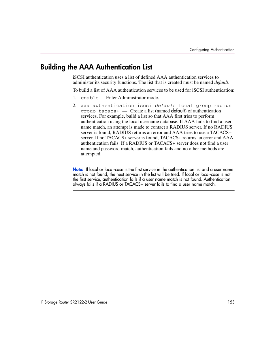 Building the aaa authentication list | HP StorageWorks IP Storage Router User Manual | Page 153 / 242