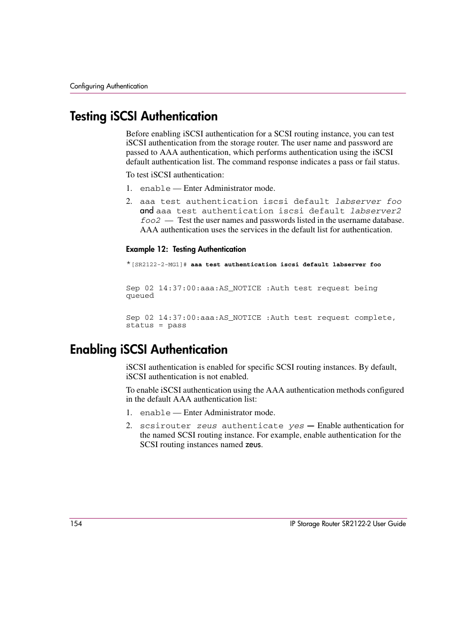 Testing iscsi authentication, Enabling iscsi authentication | HP StorageWorks IP Storage Router User Manual | Page 154 / 242