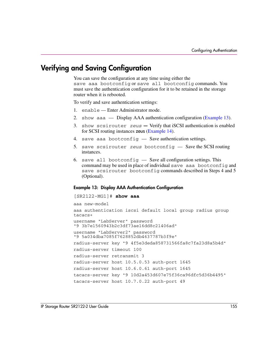 Verifying and saving configuration | HP StorageWorks IP Storage Router User Manual | Page 155 / 242