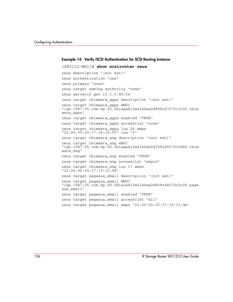 Example 14 | HP StorageWorks IP Storage Router User Manual | Page 156 / 242