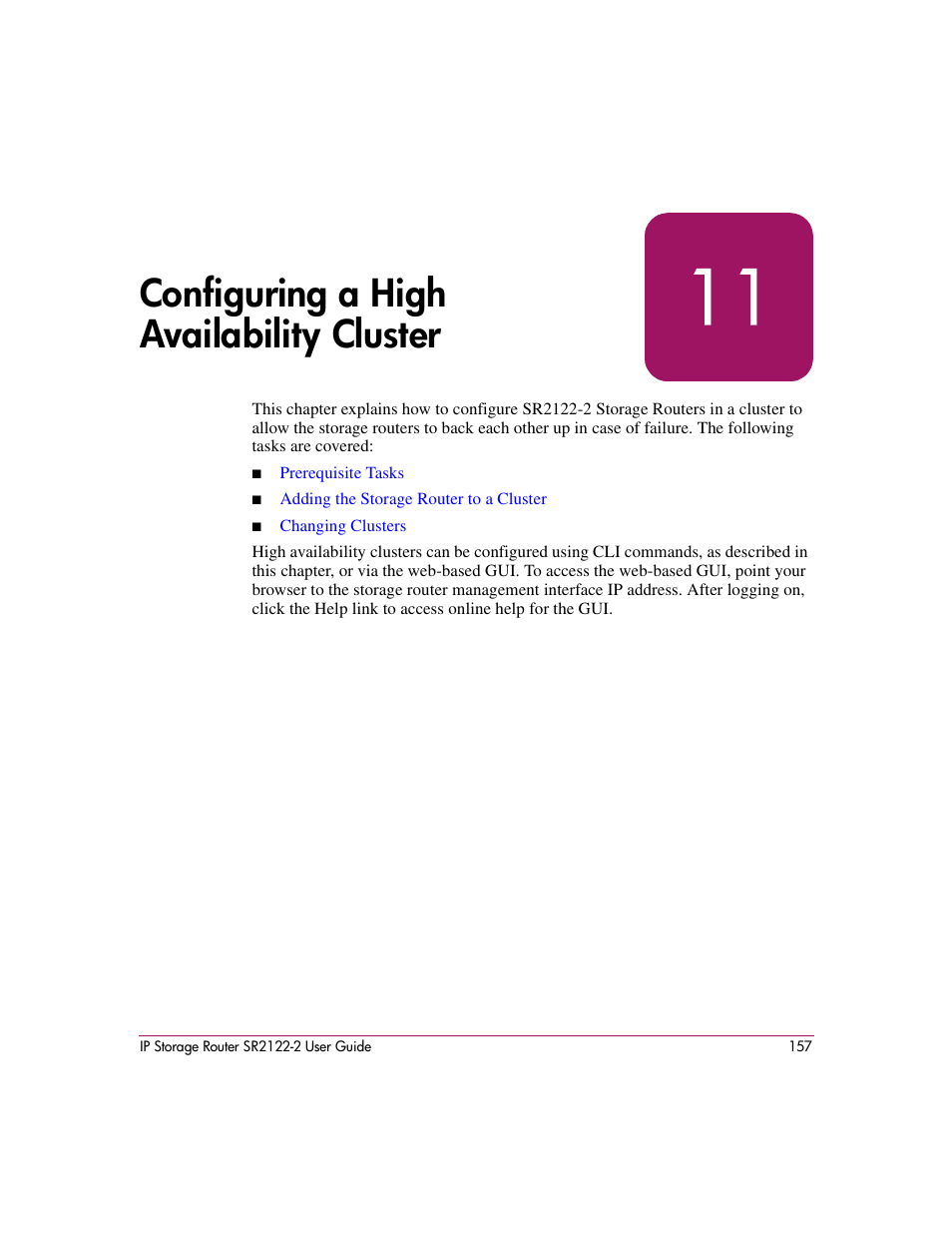 11 configuring a high availability cluster, Configuring a high availability cluster | HP StorageWorks IP Storage Router User Manual | Page 157 / 242