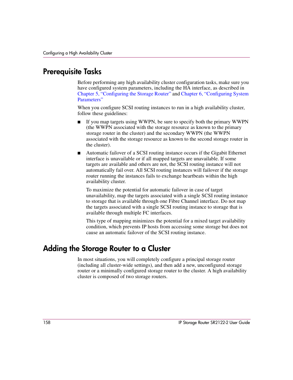 Prerequisite tasks, Adding the storage router to a cluster | HP StorageWorks IP Storage Router User Manual | Page 158 / 242