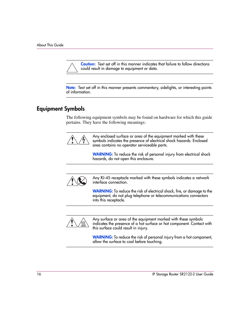 Equipment symbols | HP StorageWorks IP Storage Router User Manual | Page 16 / 242