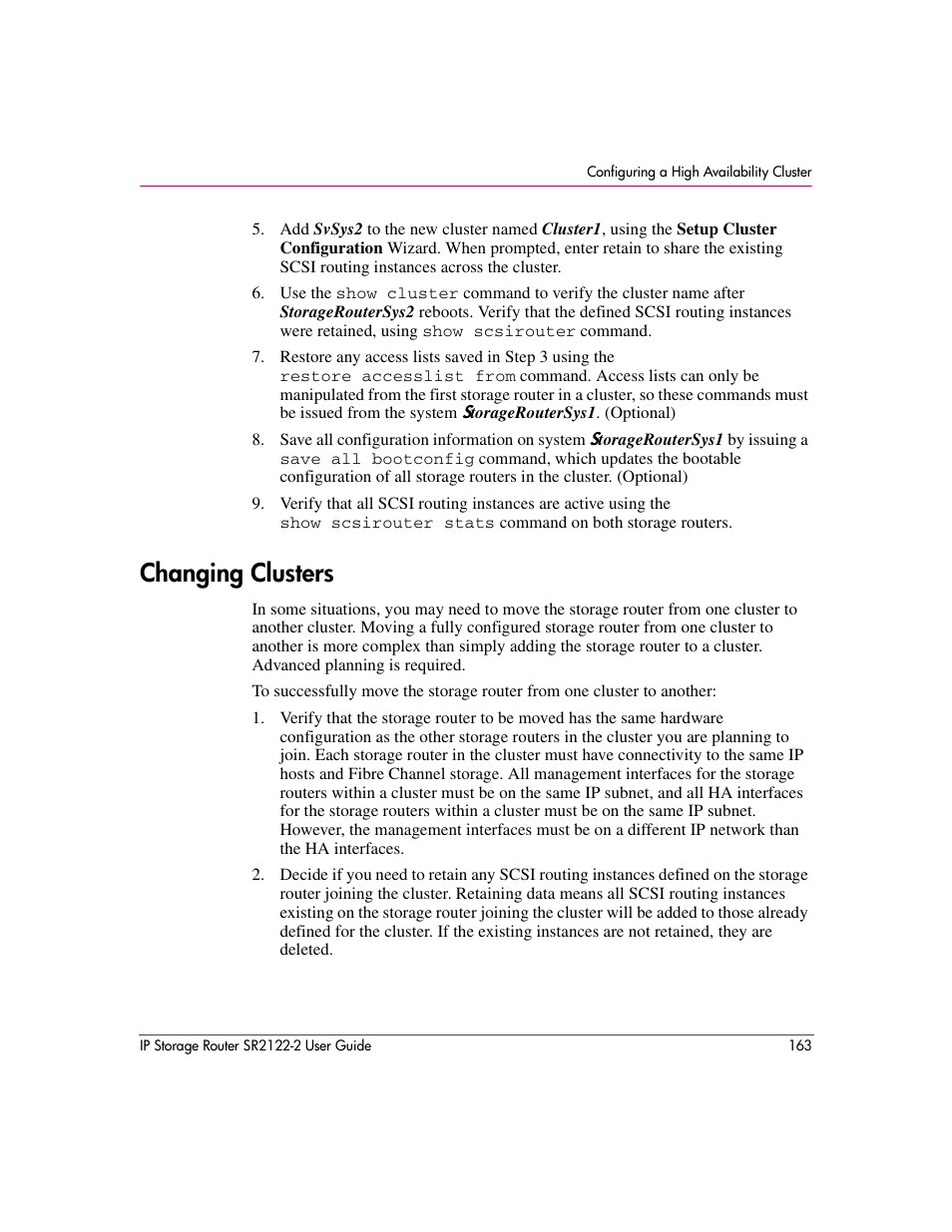 Changing clusters | HP StorageWorks IP Storage Router User Manual | Page 163 / 242