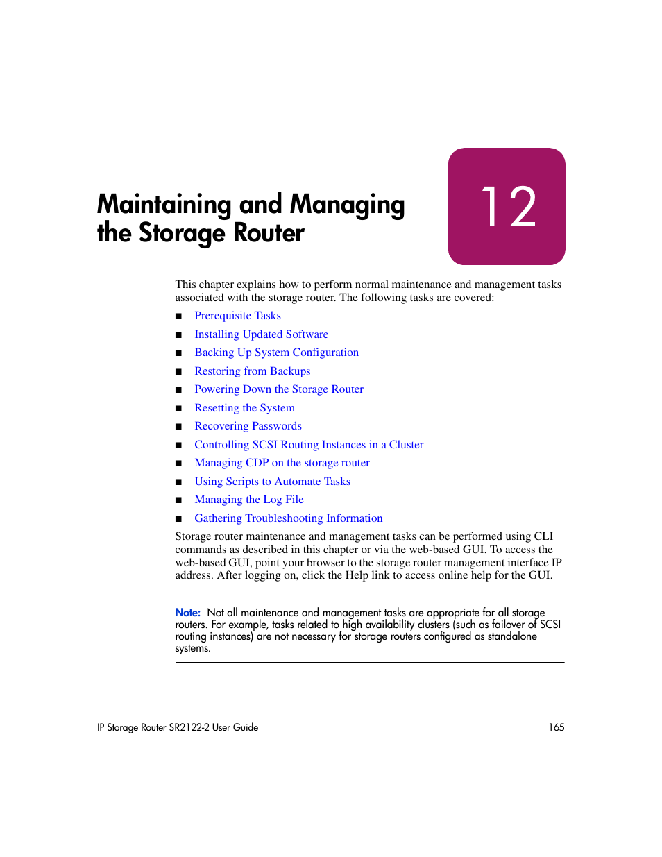 12 maintaining and managing the storage router, Chapter 12, “maintaining and managing the storage, Router | Chapter 12, “maintaining and, Managing the storage router, Chapter 12, “maintaining and managing, The storage router, Maintaining and managing the storage router | HP StorageWorks IP Storage Router User Manual | Page 165 / 242