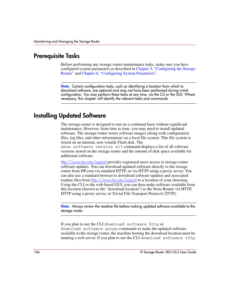 Prerequisite tasks, Installing updated software, Prerequisite tasks installing updated software | HP StorageWorks IP Storage Router User Manual | Page 166 / 242
