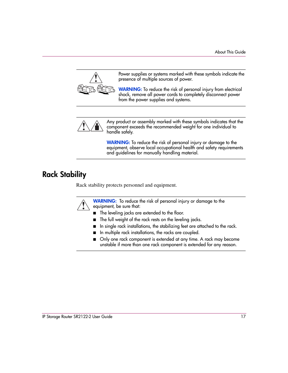 Rack stability | HP StorageWorks IP Storage Router User Manual | Page 17 / 242