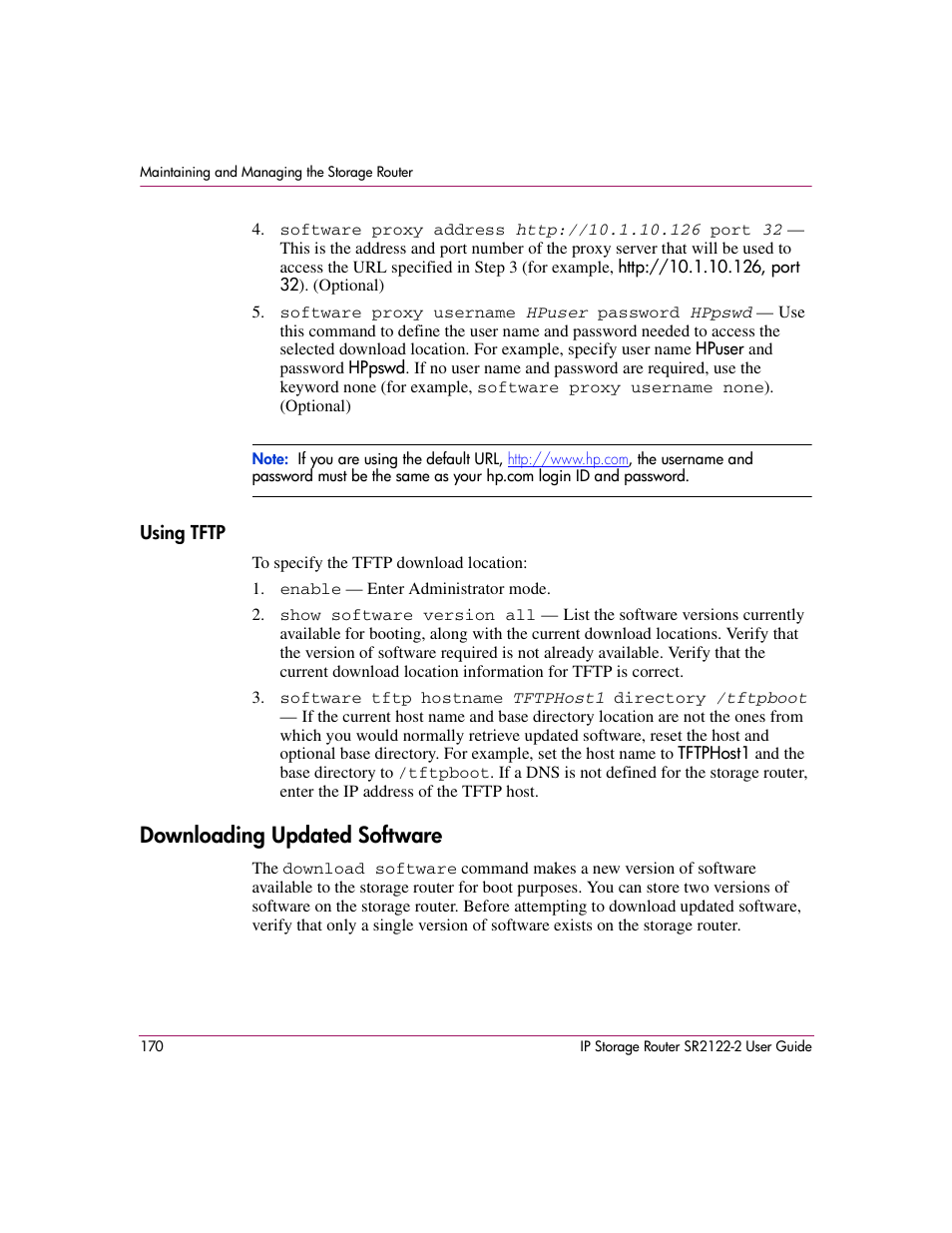 Using tftp, Downloading updated software | HP StorageWorks IP Storage Router User Manual | Page 170 / 242