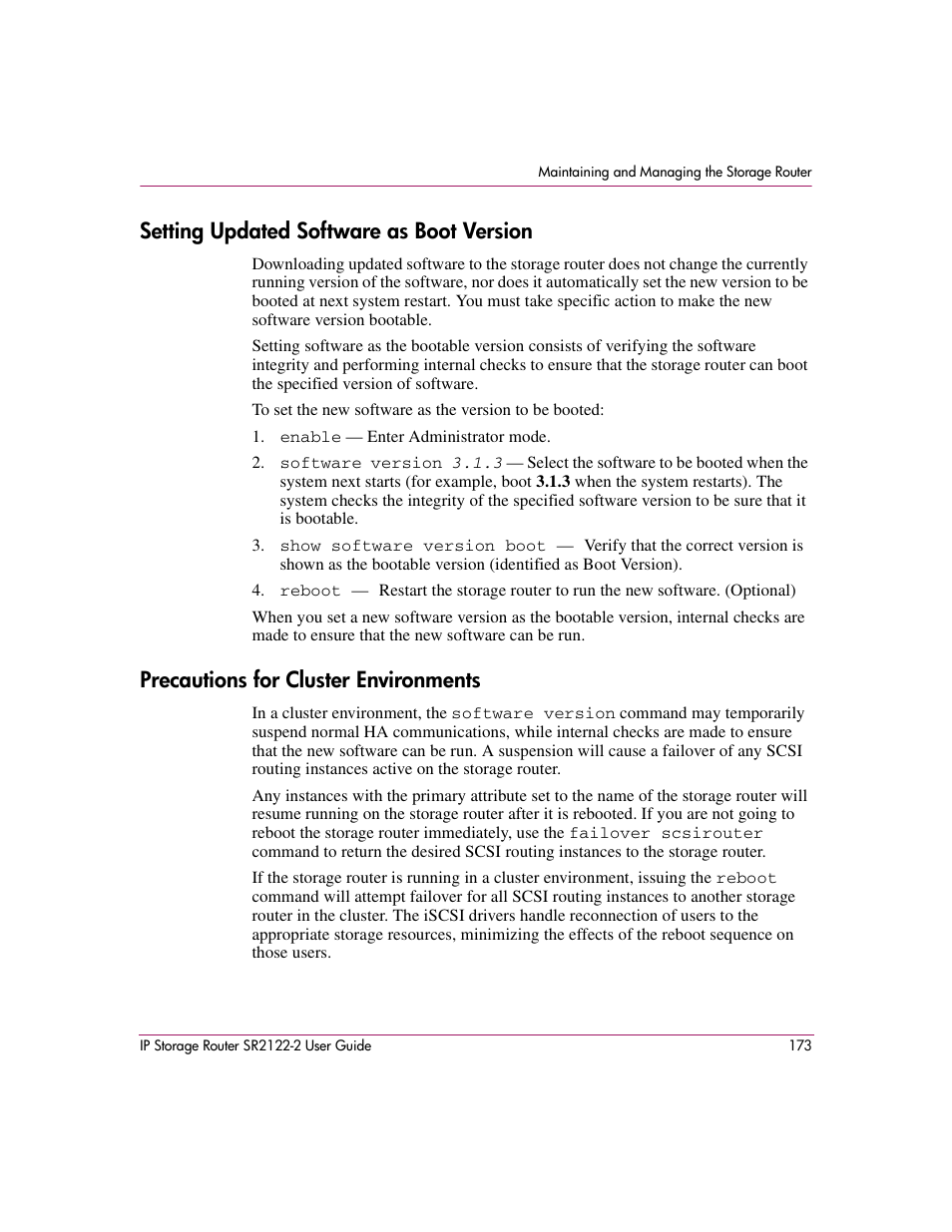 Setting updated software as boot version, Precautions for cluster environments | HP StorageWorks IP Storage Router User Manual | Page 173 / 242