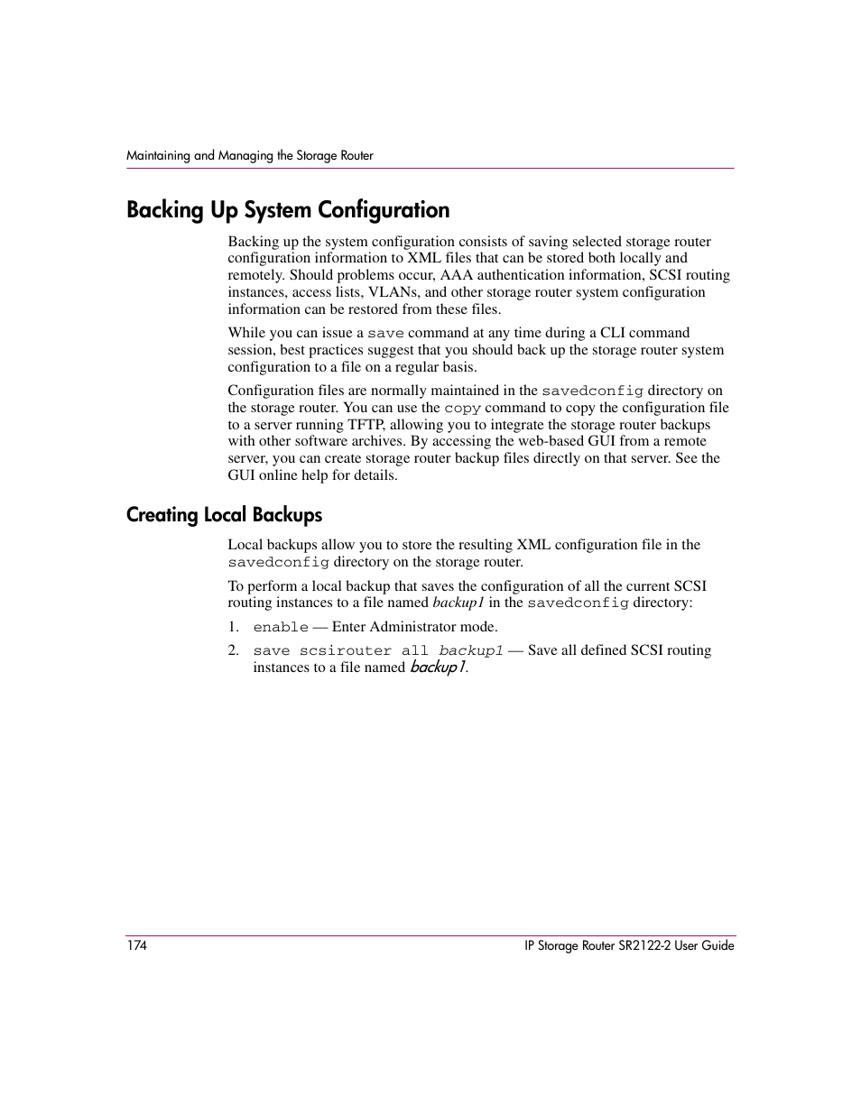 Backing up system configuration, Creating local backups | HP StorageWorks IP Storage Router User Manual | Page 174 / 242