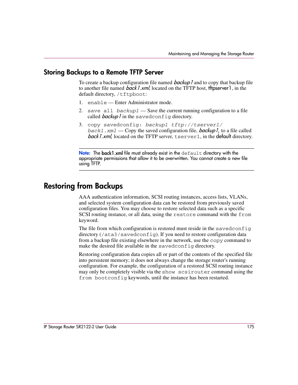 Storing backups to a remote tftp server, Restoring from backups | HP StorageWorks IP Storage Router User Manual | Page 175 / 242