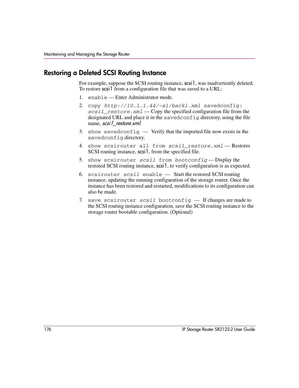 Restoring a deleted scsi routing instance | HP StorageWorks IP Storage Router User Manual | Page 176 / 242
