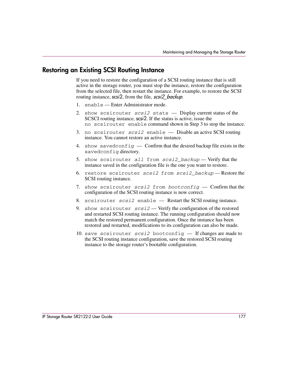 Restoring an existing scsi routing instance | HP StorageWorks IP Storage Router User Manual | Page 177 / 242