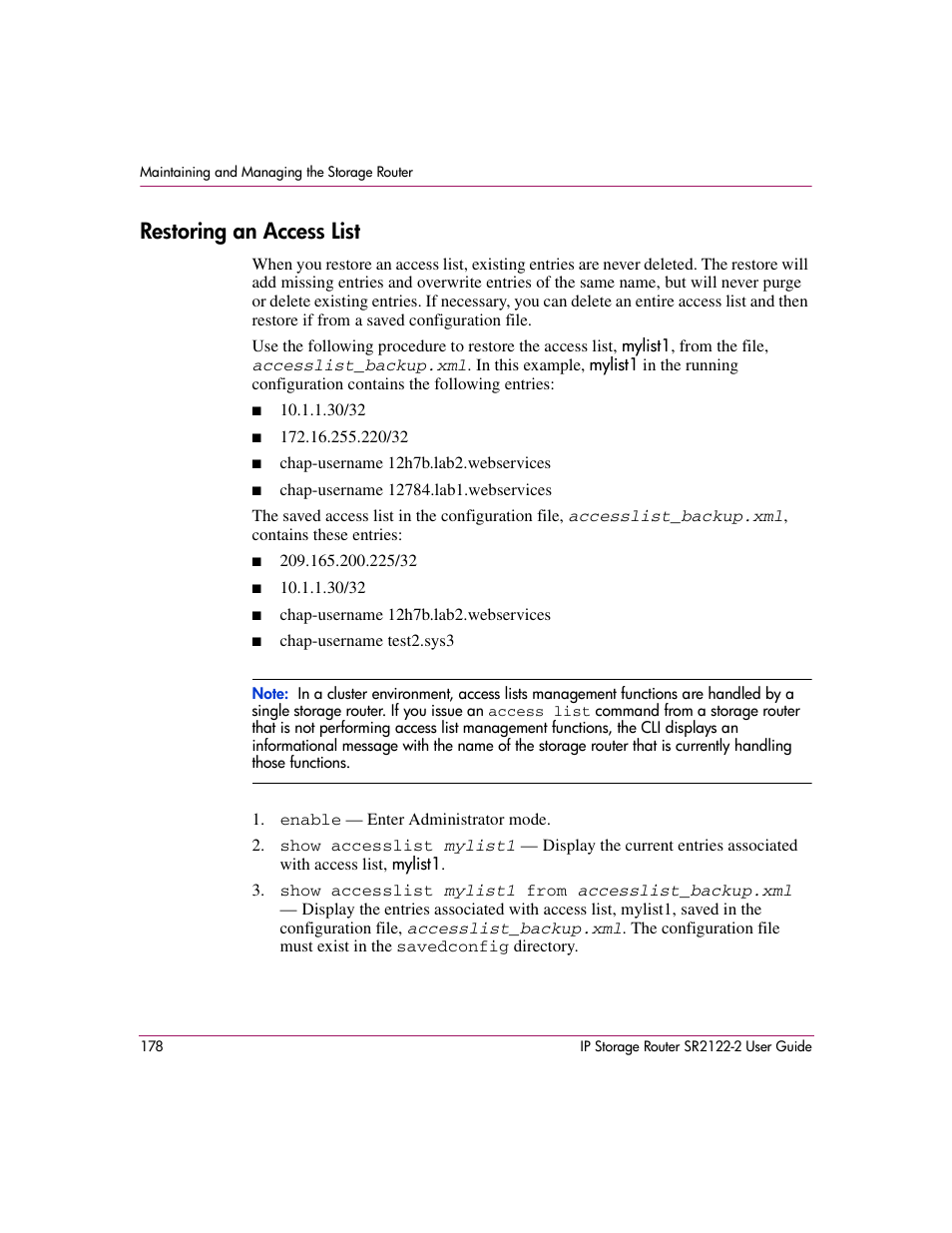 Restoring an access list | HP StorageWorks IP Storage Router User Manual | Page 178 / 242