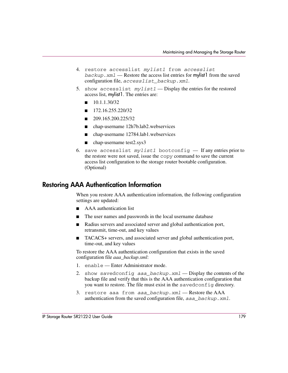 Restoring aaa authentication information | HP StorageWorks IP Storage Router User Manual | Page 179 / 242