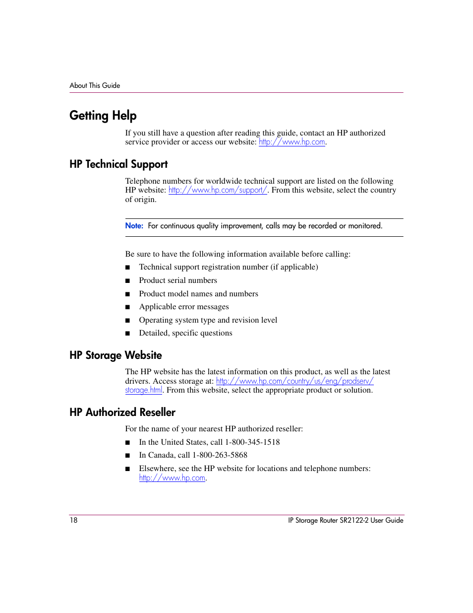 Getting help, Hp technical support, Hp storage website | Hp authorized reseller | HP StorageWorks IP Storage Router User Manual | Page 18 / 242