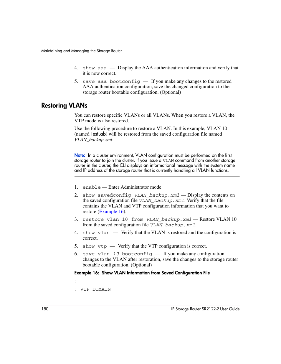 Restoring vlans | HP StorageWorks IP Storage Router User Manual | Page 180 / 242