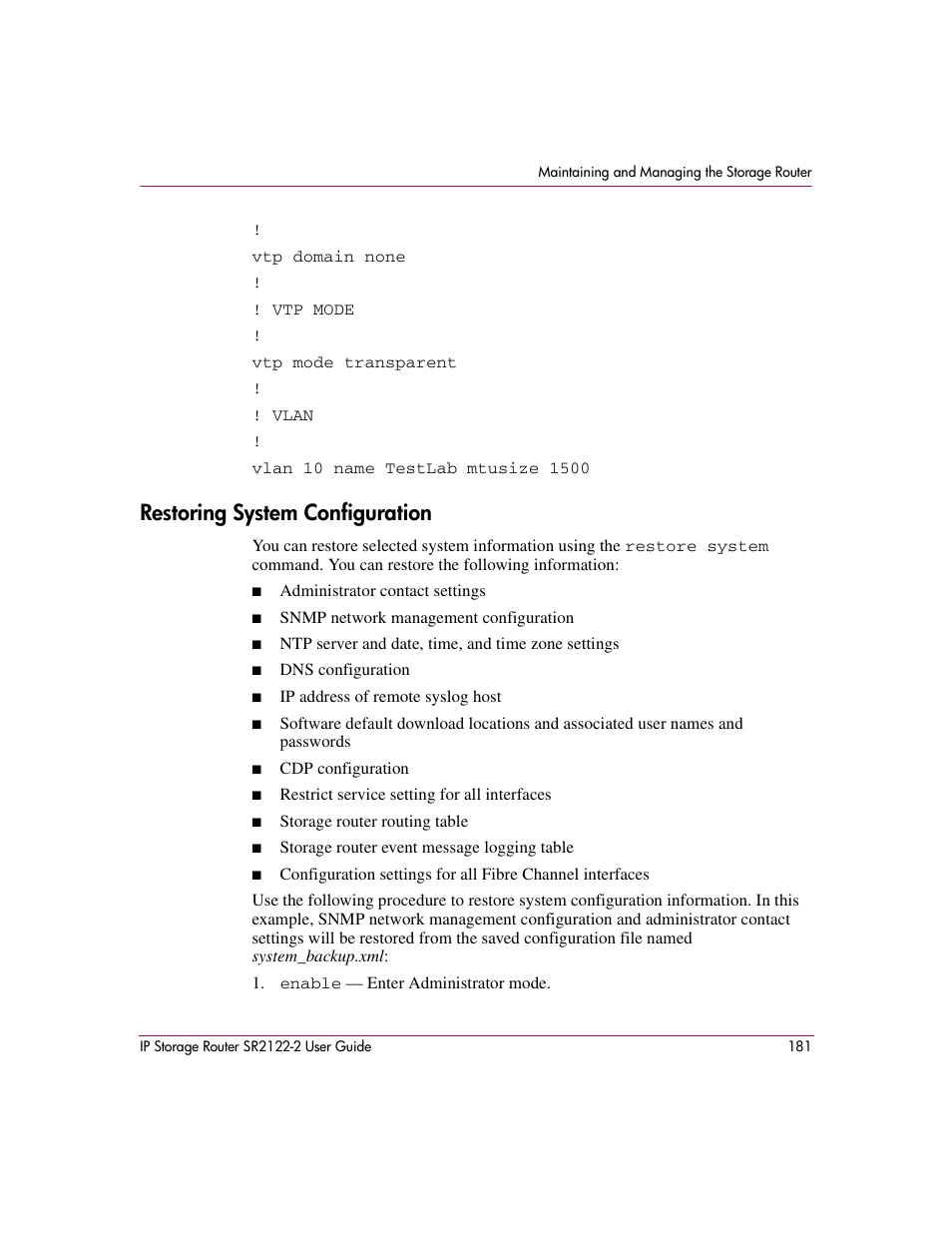 Restoring system configuration | HP StorageWorks IP Storage Router User Manual | Page 181 / 242