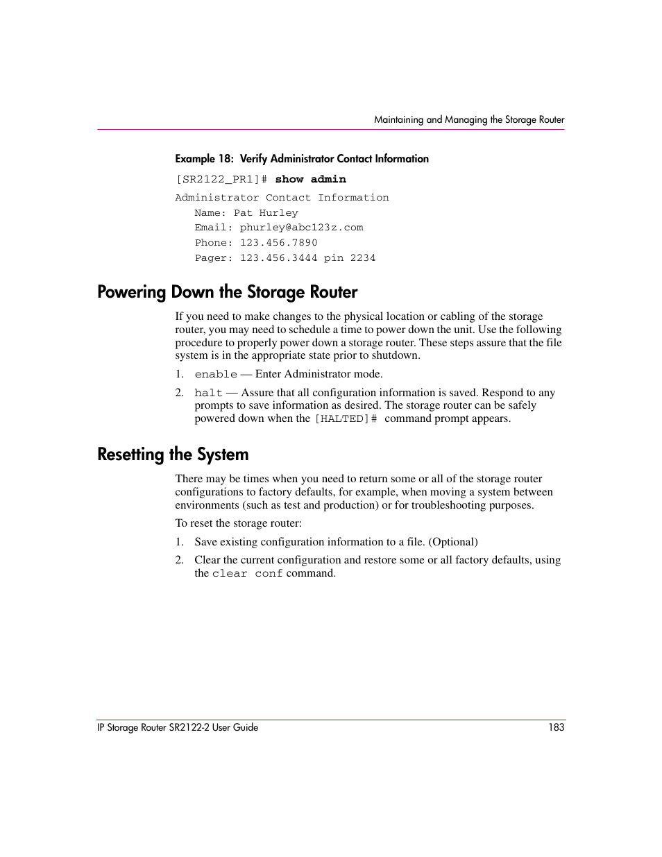 Powering down the storage router, Resetting the system, Example 18 | HP StorageWorks IP Storage Router User Manual | Page 183 / 242