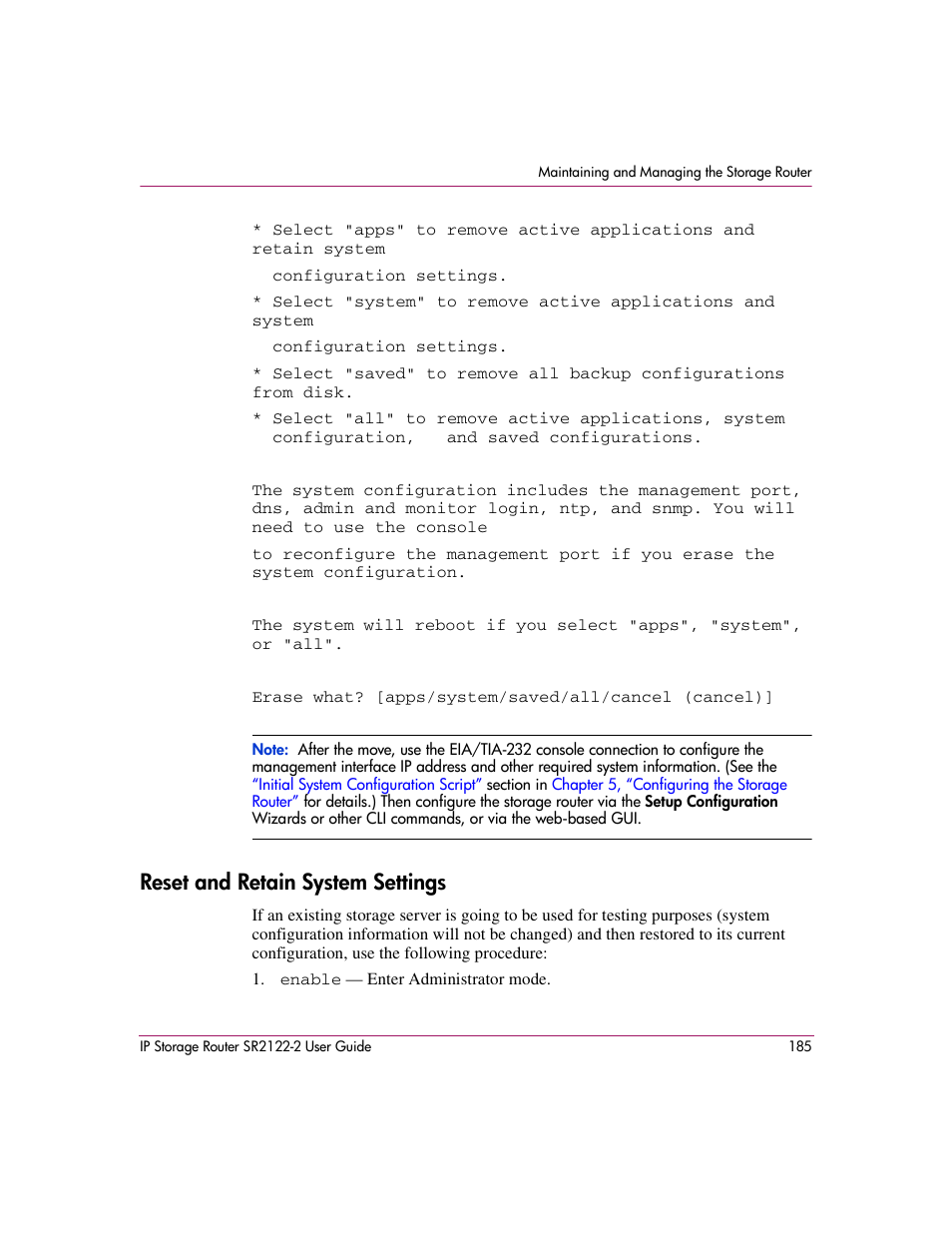 Reset and retain system settings | HP StorageWorks IP Storage Router User Manual | Page 185 / 242