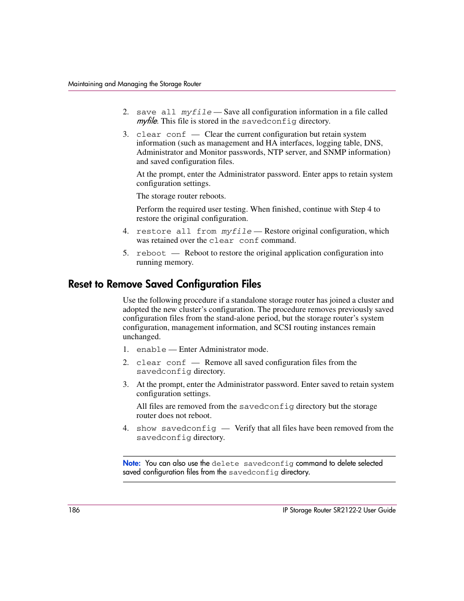 Reset to remove saved configuration files | HP StorageWorks IP Storage Router User Manual | Page 186 / 242