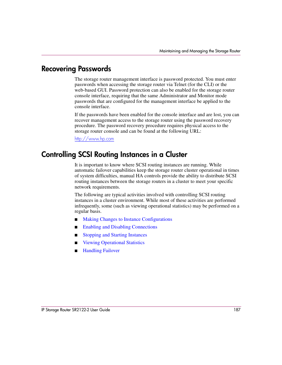 Recovering passwords, Controlling scsi routing instances in a cluster, Controlling scsi routing | Instances in a cluster | HP StorageWorks IP Storage Router User Manual | Page 187 / 242