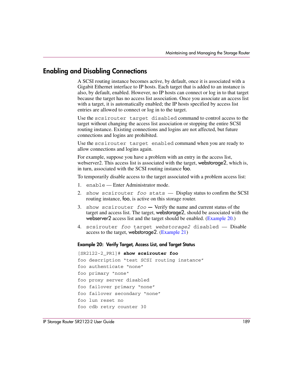 Enabling and disabling connections | HP StorageWorks IP Storage Router User Manual | Page 189 / 242