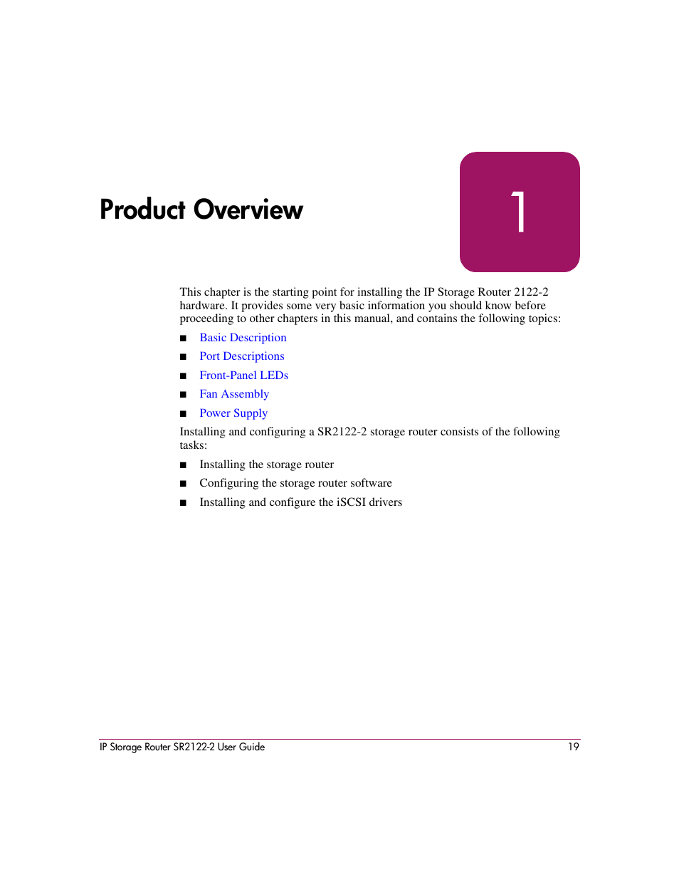 1 product overview, Product overview | HP StorageWorks IP Storage Router User Manual | Page 19 / 242