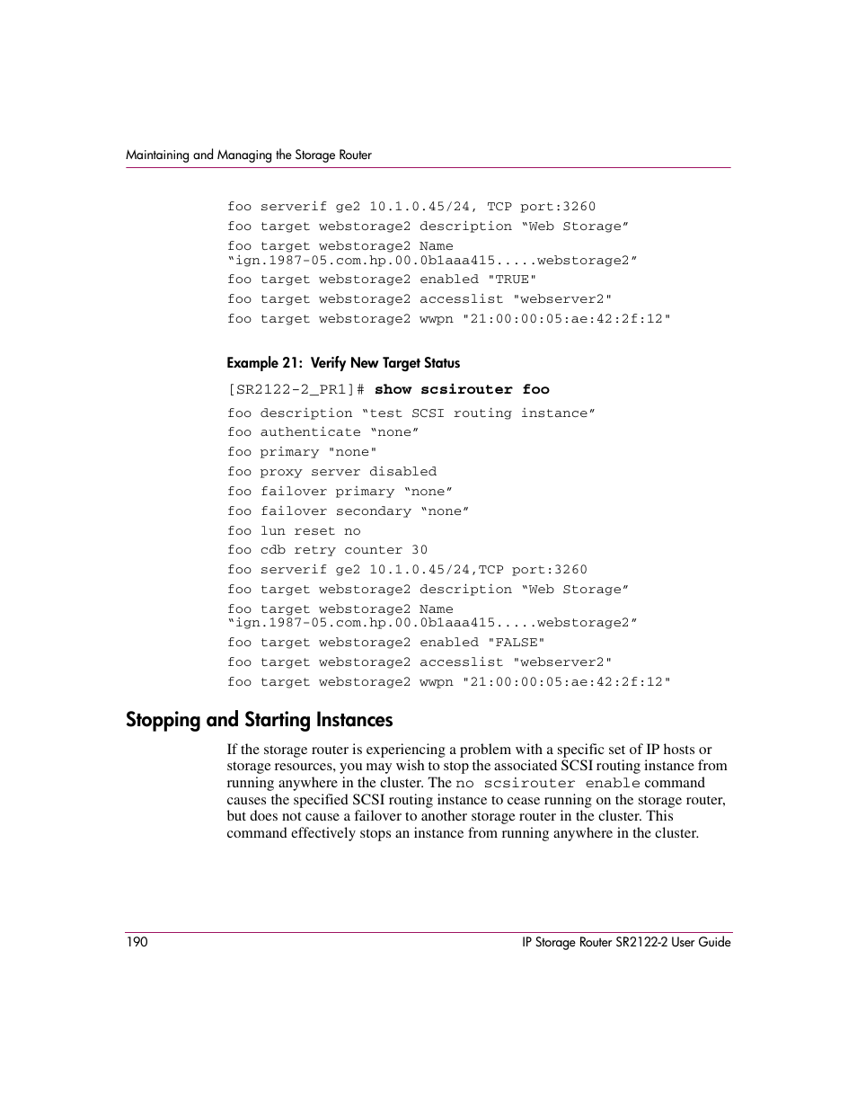 Stopping and starting instances, Example 21 | HP StorageWorks IP Storage Router User Manual | Page 190 / 242