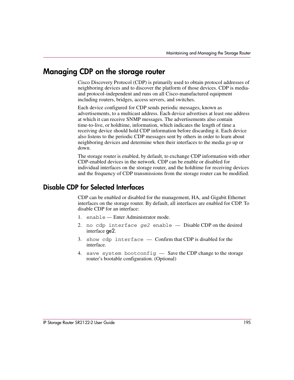 Managing cdp on the storage router, Disable cdp for selected interfaces | HP StorageWorks IP Storage Router User Manual | Page 195 / 242